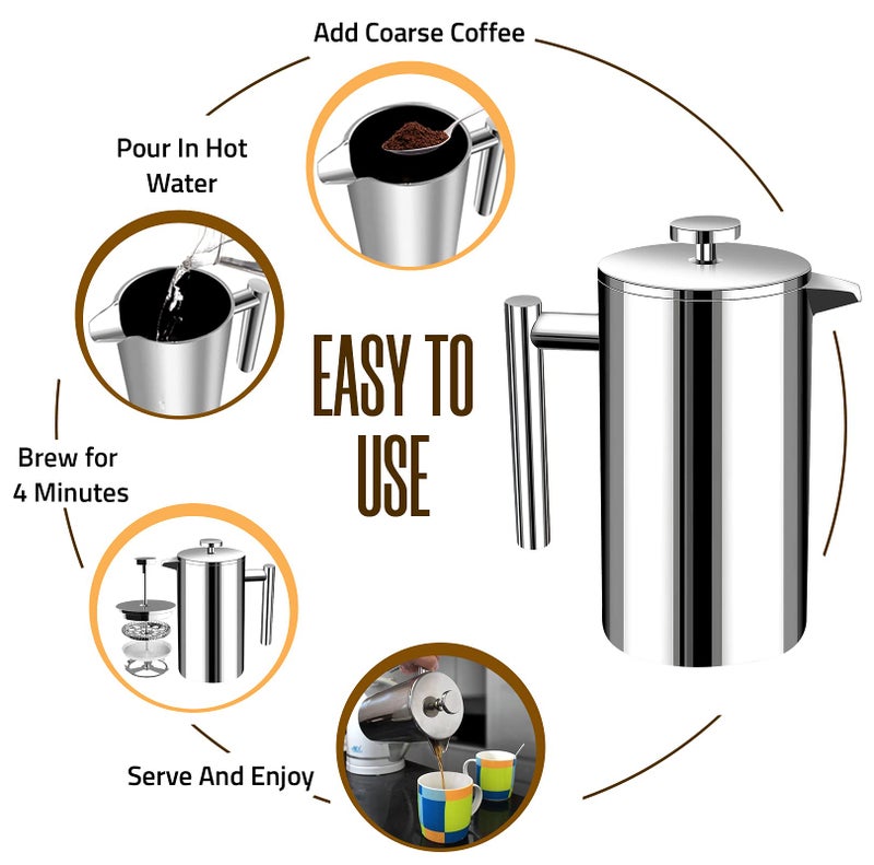 Utopia Kitchen 304 Grade Stainless Steel French Press Coffee Maker 34 Oz, Double Wall Insulated Coffee Press with 4-Level Filtration System, Include 2 Extra Filters, Rust-Free, Dishwasher Safe, Silver - Image 3